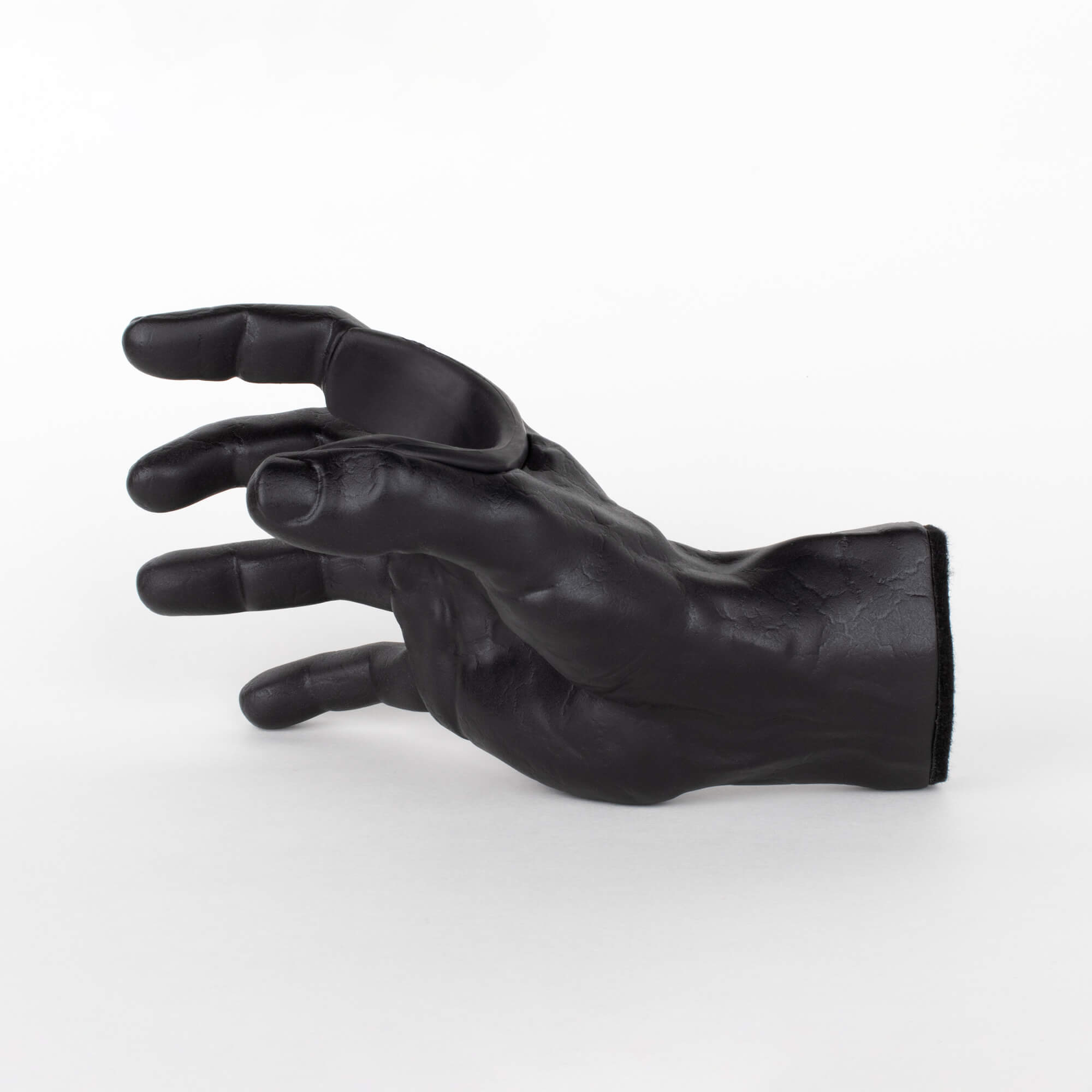 Hand wall hangers for electric and acoustic guitars in black matte finish.