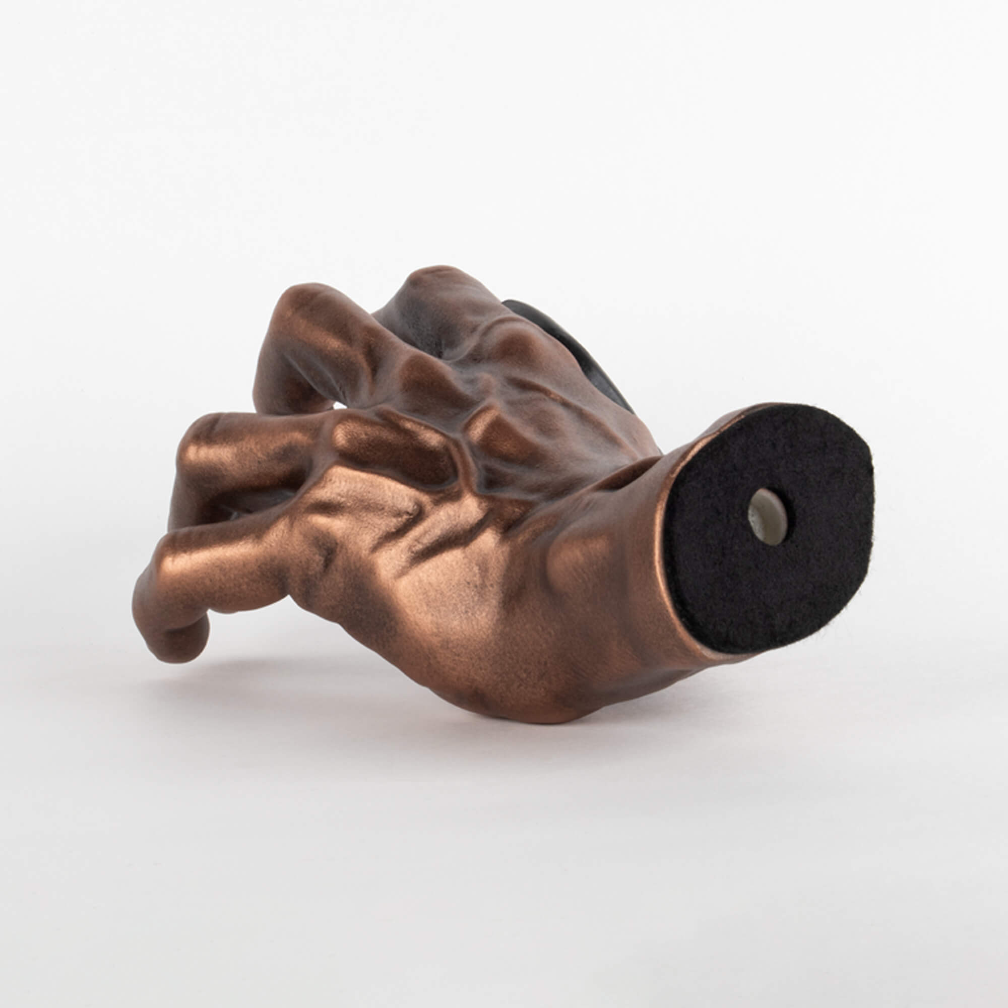 Back view of copper metallic finish hand shaped acoustic guitar mount.