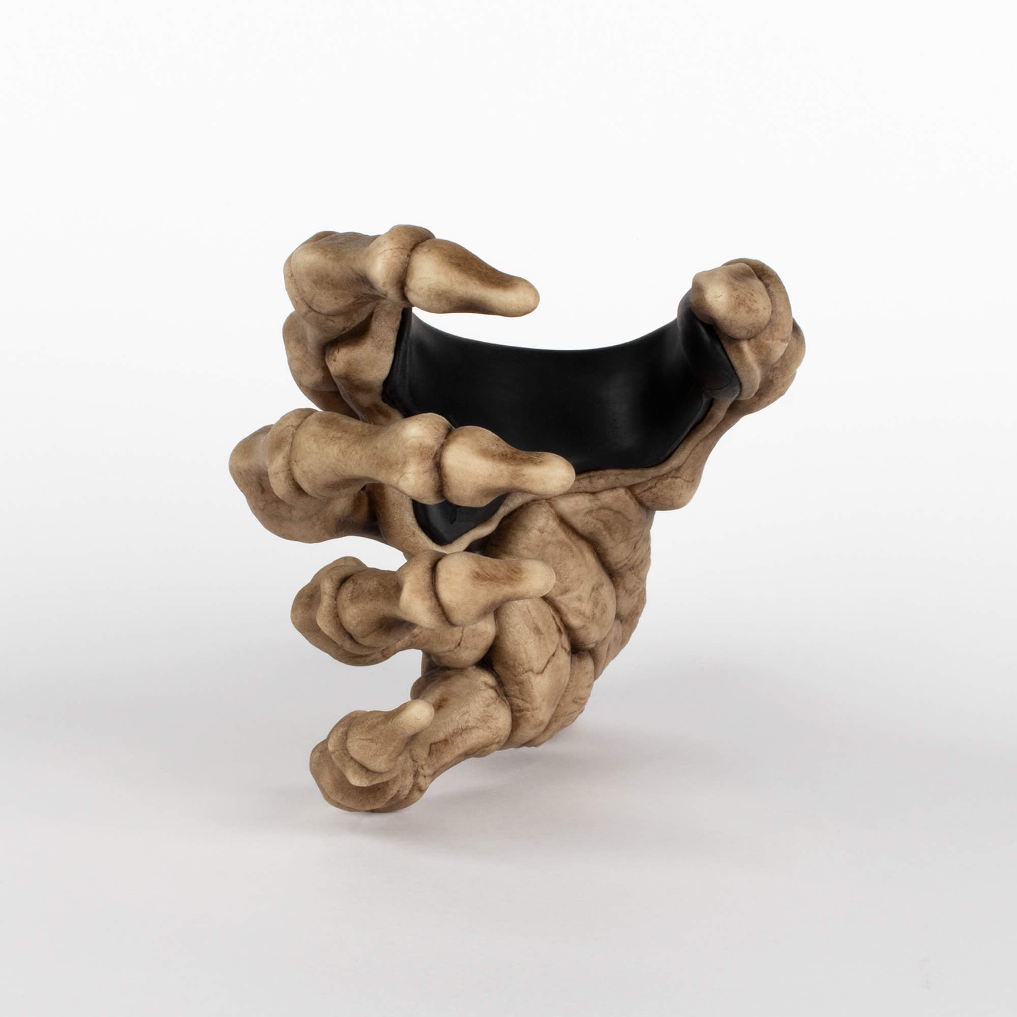 Front view of skeleton bone right hand guitar wall display rack for home or studio use, on white backbround.