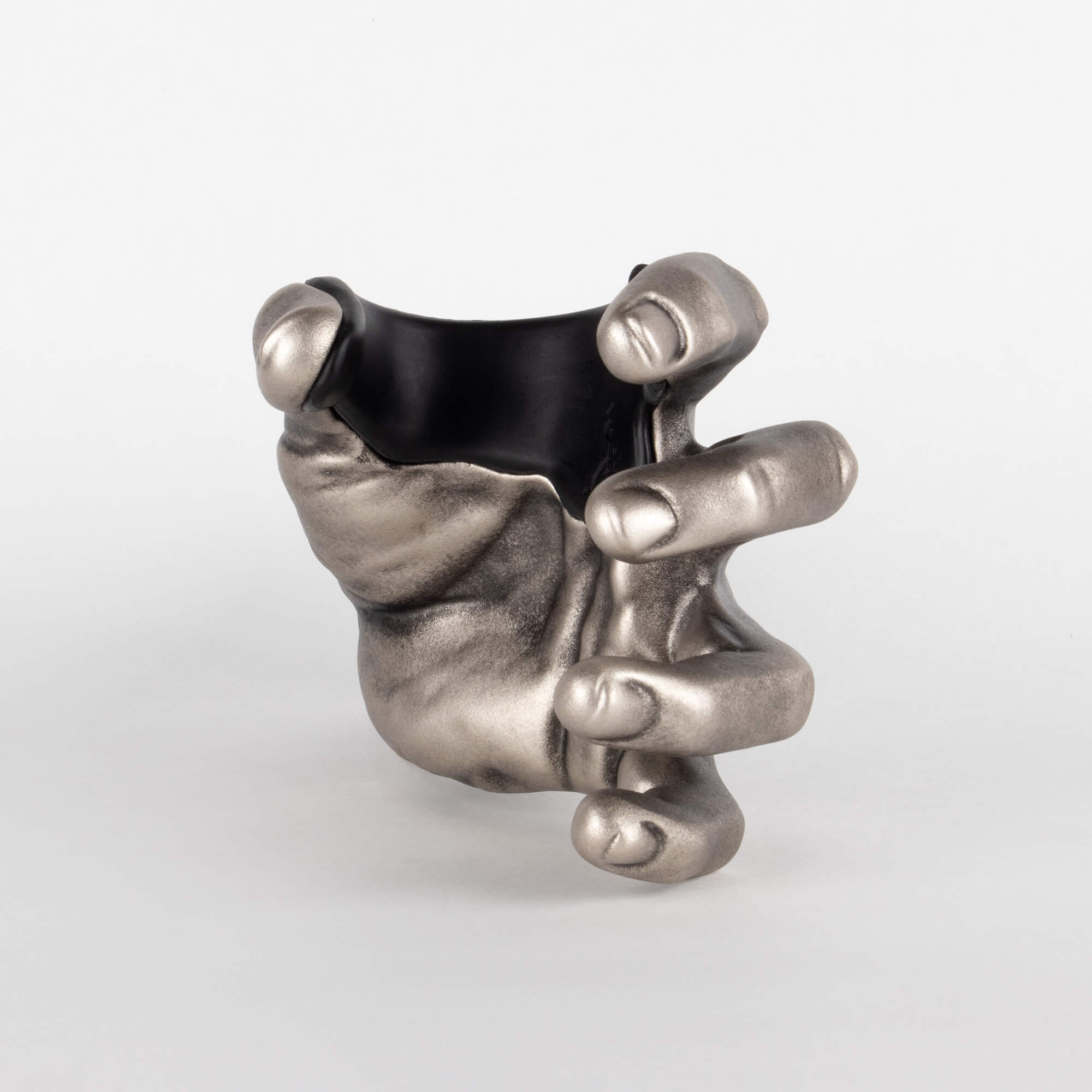 Guitar wall stand with protective insert in silver antique metallic finish.