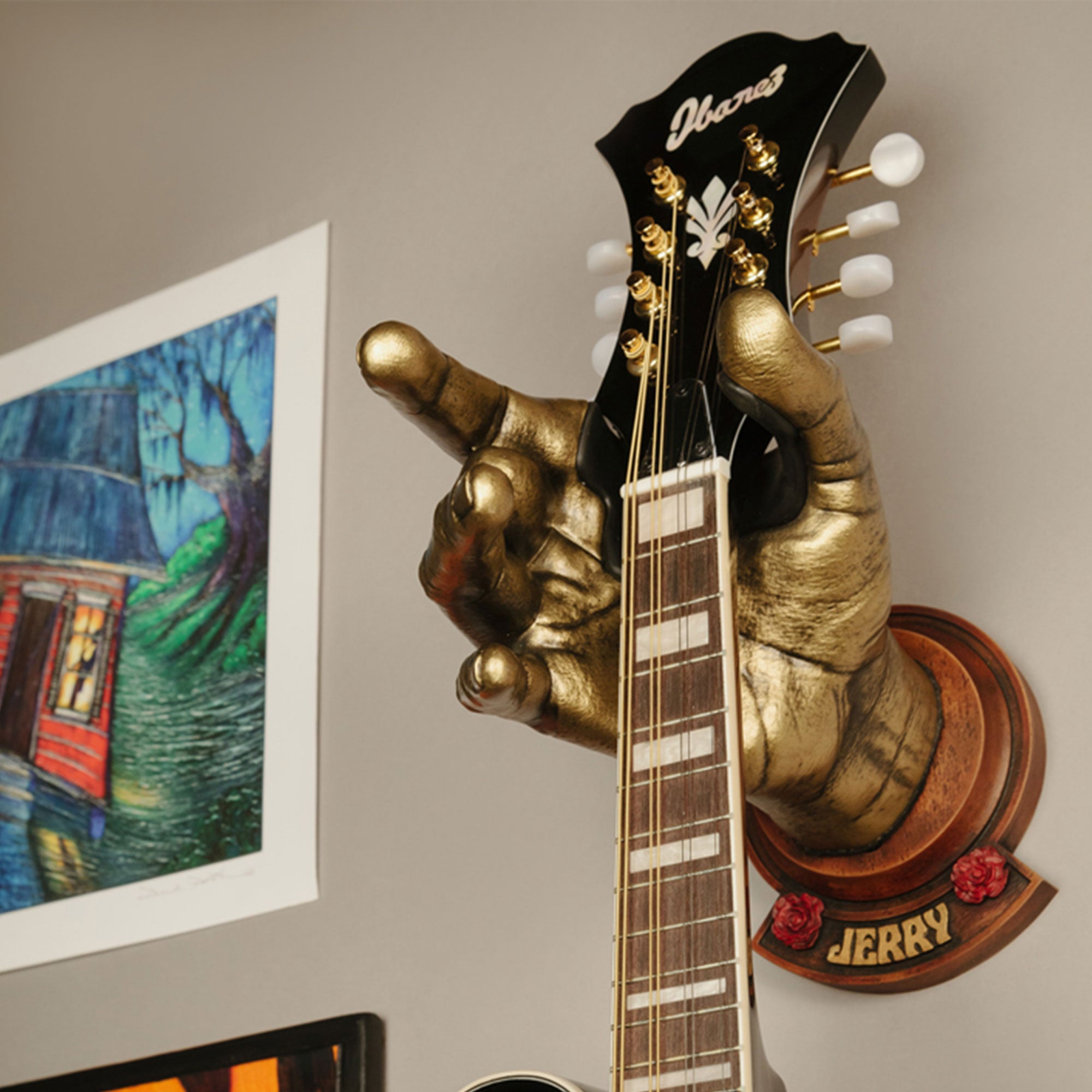 Mandolin being help by Officially licensed Jerry Garcia hand hanger.