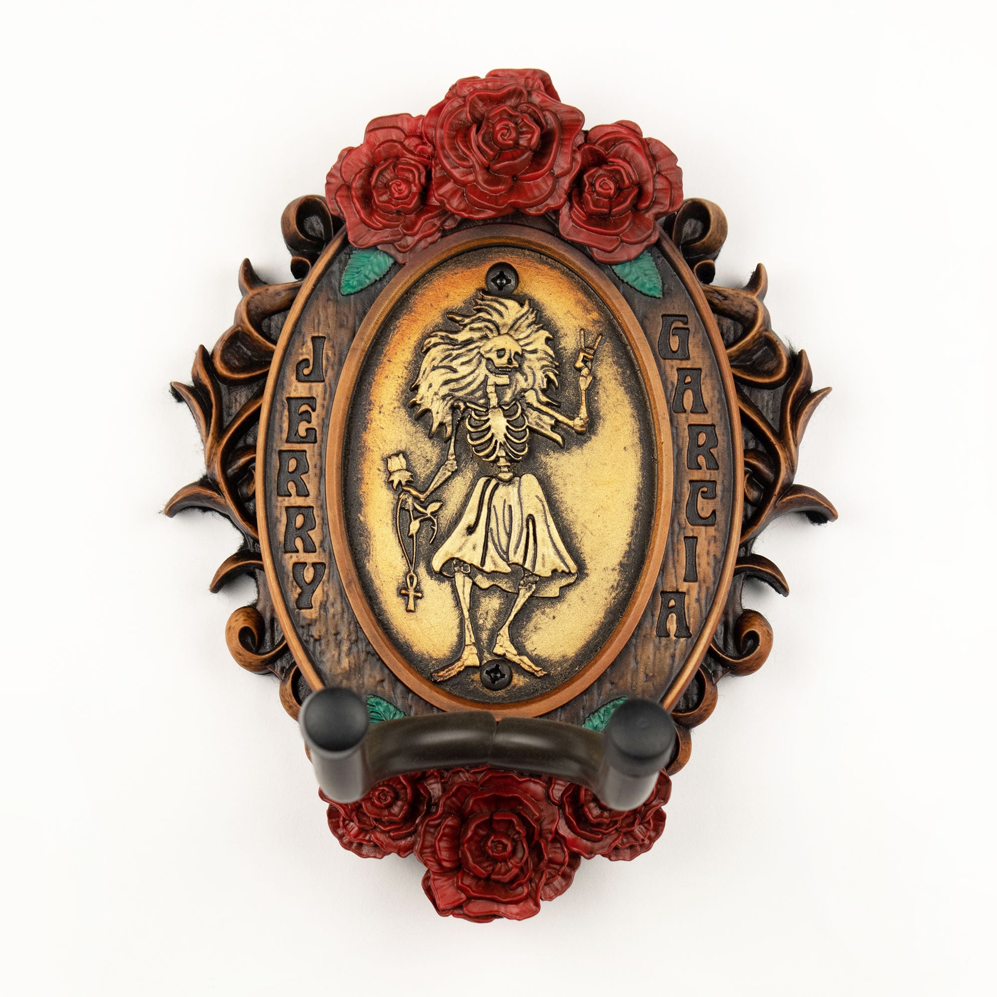 Jerry Garcia Rosebud Logo wall hanger engraved on gold center piece with wood outlined frame. Rose pedals on top and bottom painted red with Jerry's name carved on each side.