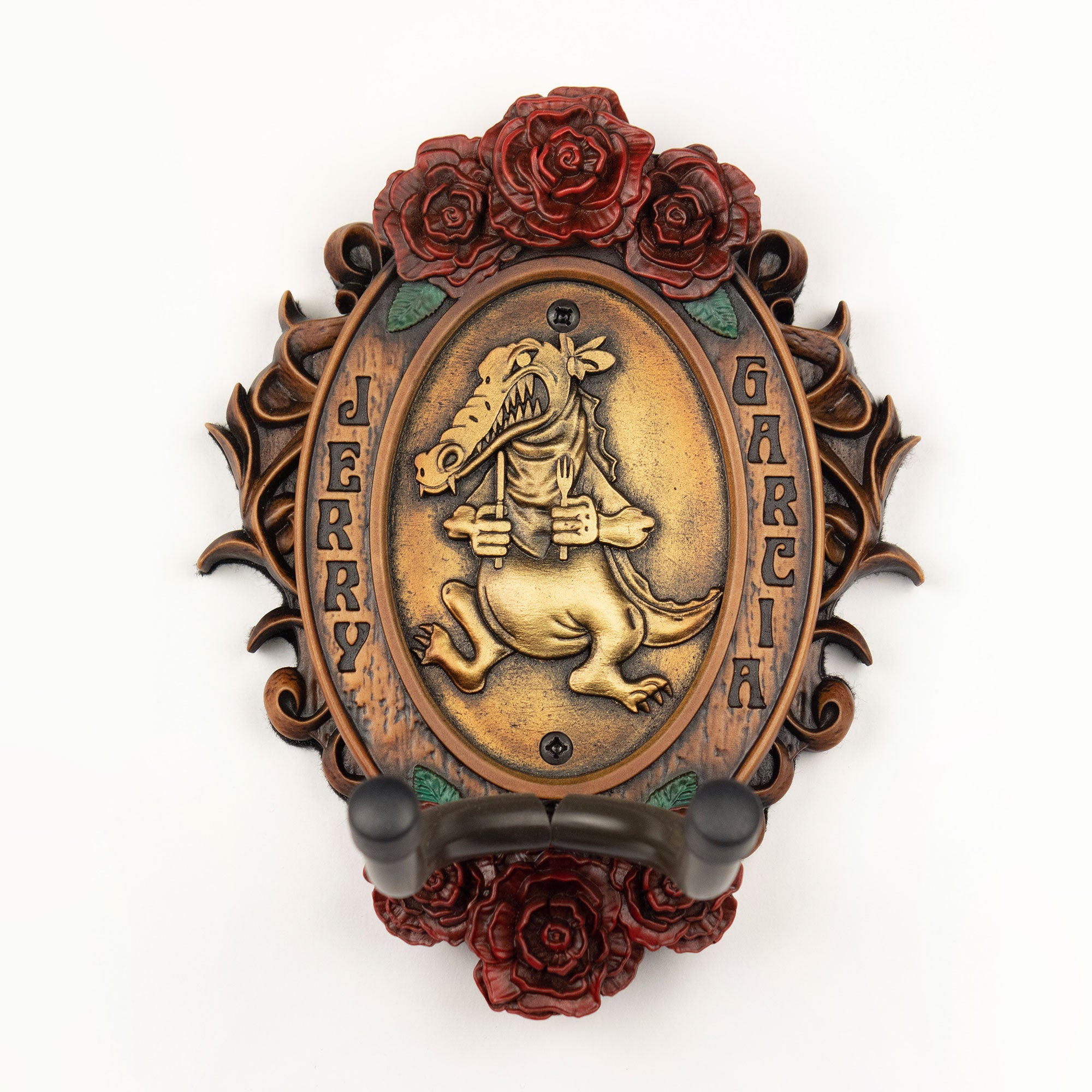 Jerry Garcia Guitar Wall Mount with alligator inlay and rose pedals. Stained in Wood tones.