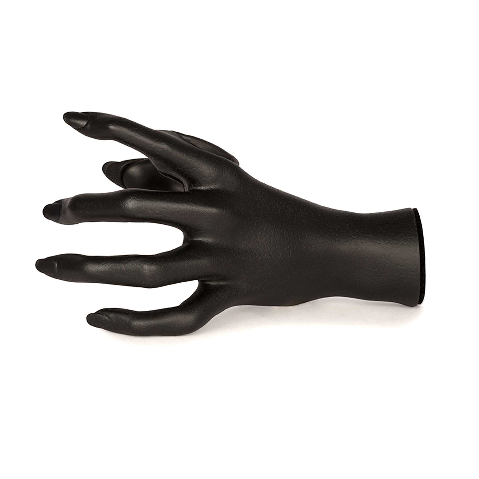 Female hand shaped guitar wall hanger in black finish. Outside view.