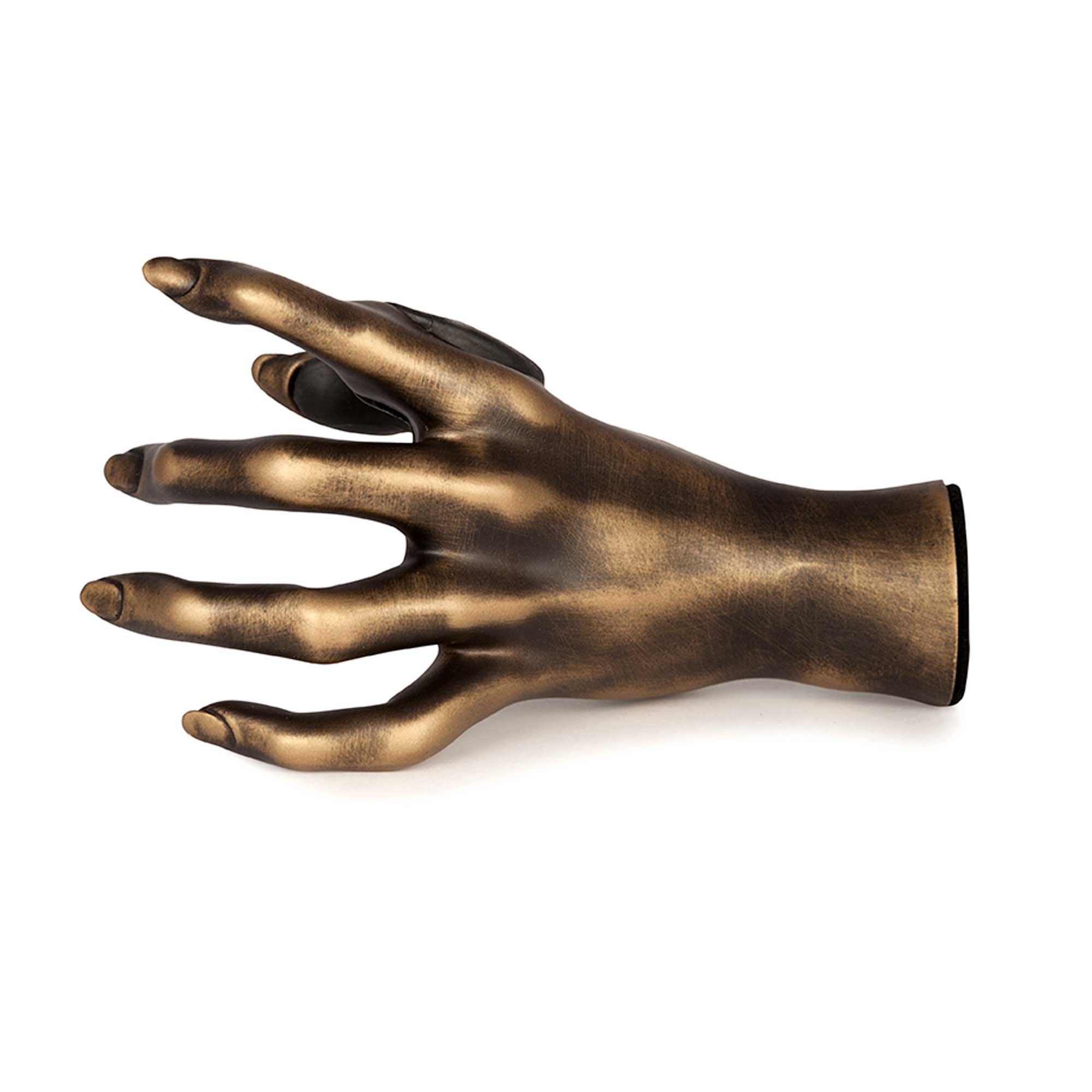 Gold finish female hand wall mount for guitars or basses. Front outside.