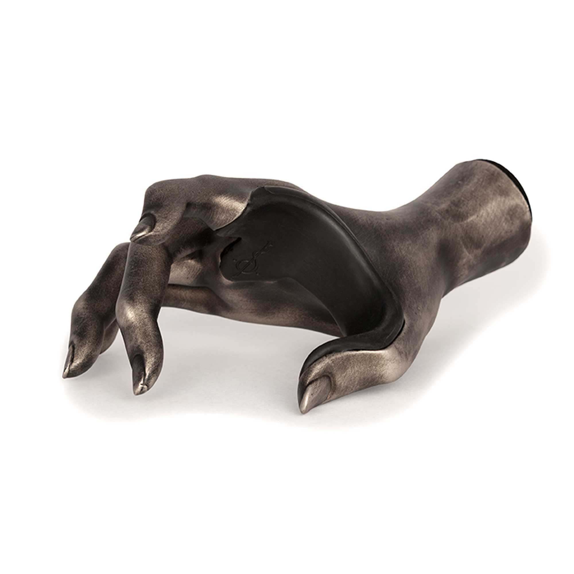 Front side view silver wall hanger female hand.