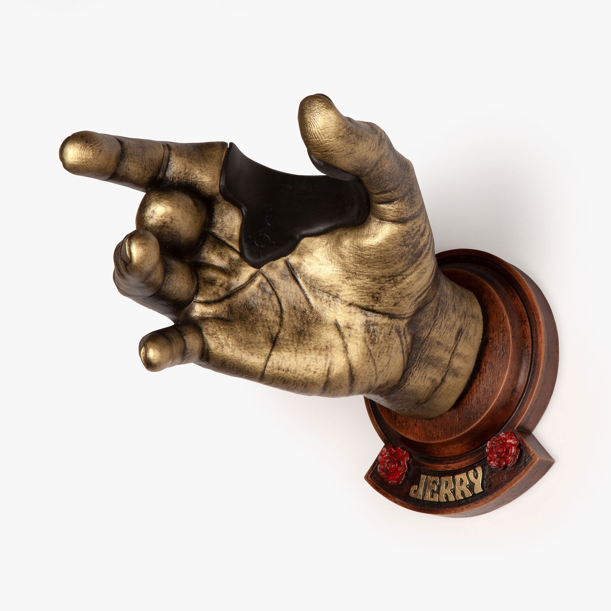 Jerry Garcia sculpted hand guitar wall mount. In gold finish with faux wood backplate.
