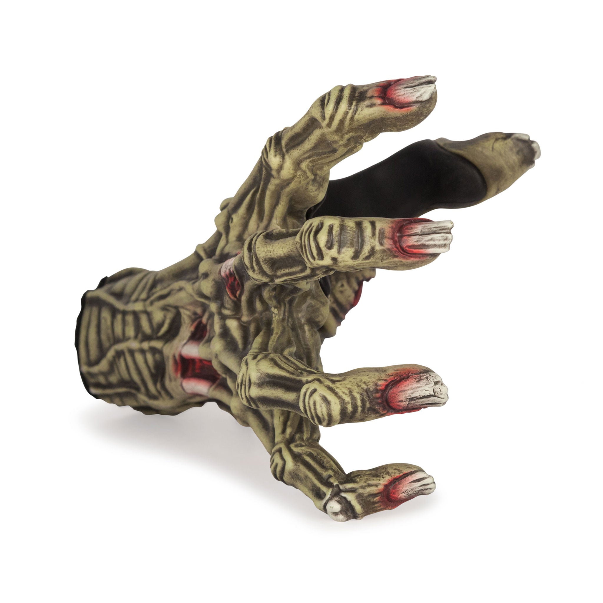 Front hand zombie guitar wall mount. Green color with white nails. Front view.