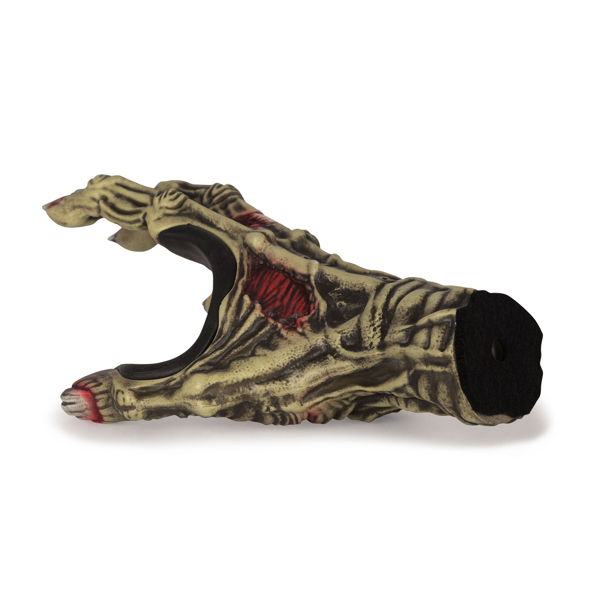 Right hand zombie guitar grip. Green in color and red painted gore. Back view.