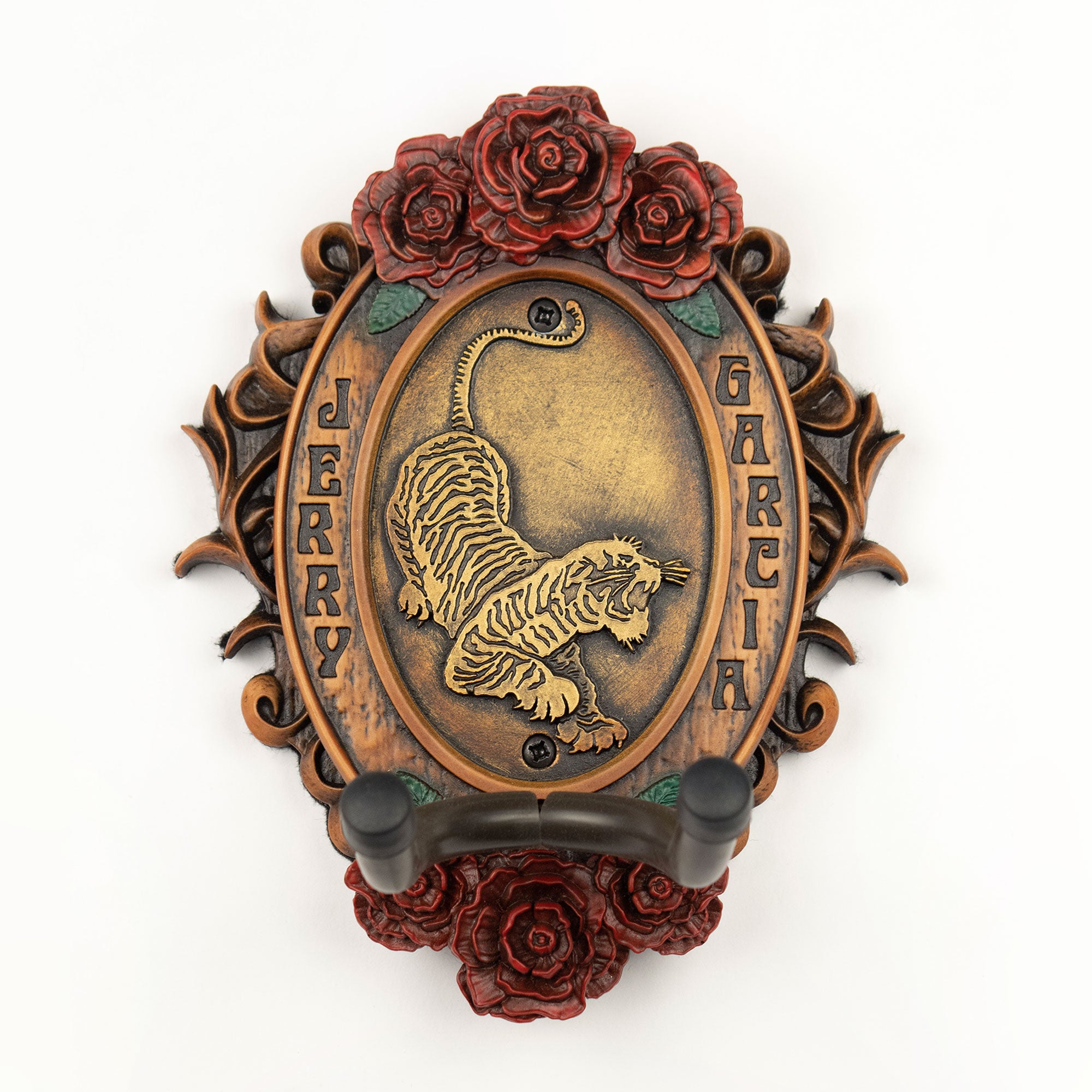 Jerry Garcia Tiger Emblem Wall Hanger in Wood tone finish on rose pedals.