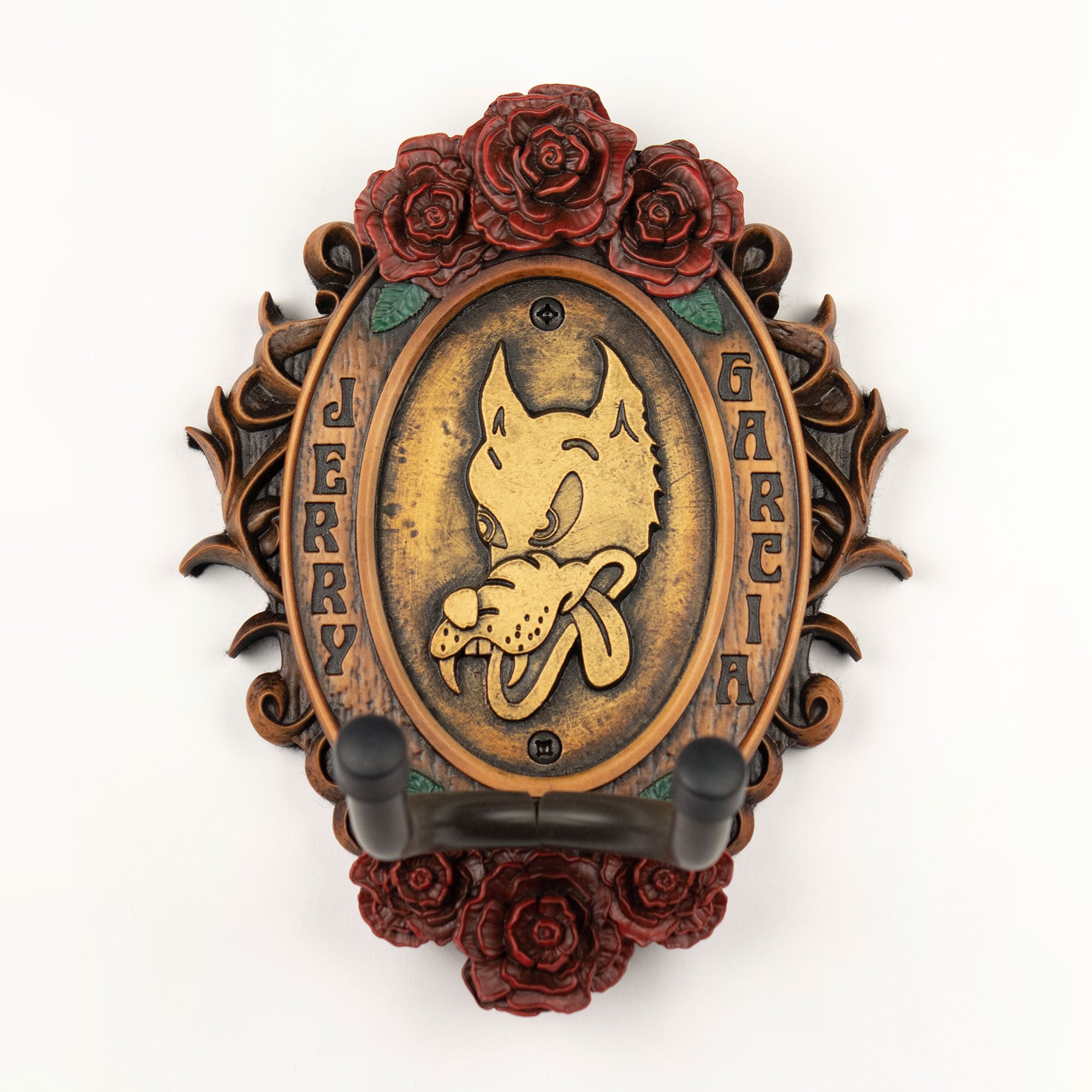Jerry Garcia Officially licensed acoustic guitar hanger with Wolf Logo engraved. Wood stained frame with Rose and Leaf Inlays.
