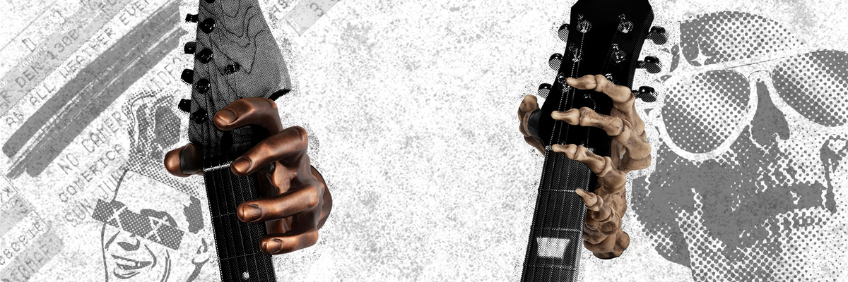 Two hand guitar wall mounts holding guitars on white background with skeleton and face illustrations. 